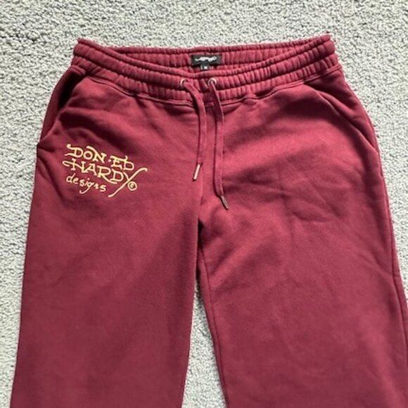 Ed Hardy Sangria Wine Skull Love Kills Slowly Gold Logo Wide Leg Sweatpants Sz.M - Picture 2 of 7